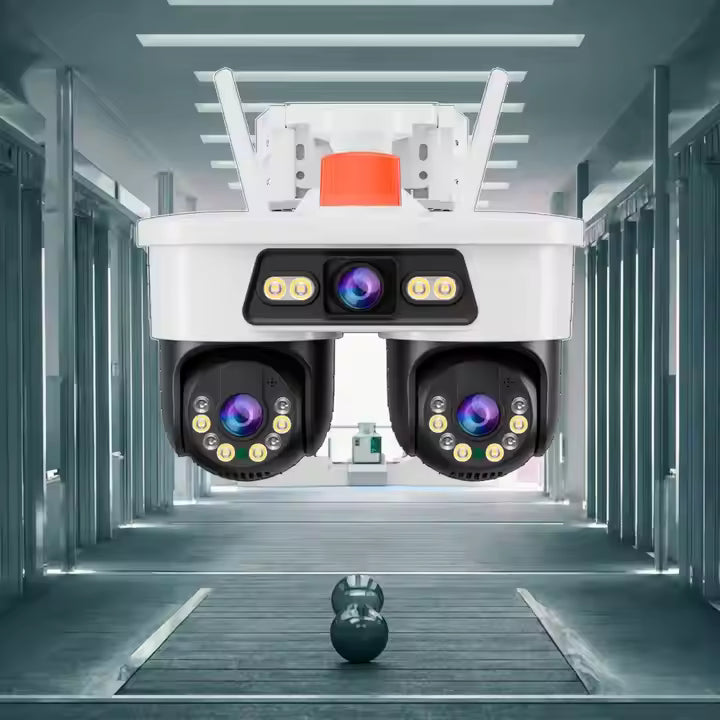 Cameră Supraveghere WiFi Jortan 9MP, 3 Lentile, Dual Head, PTZ 355°, Night Vision Color, IP66, Audio Bidirecțional, Yoosee App