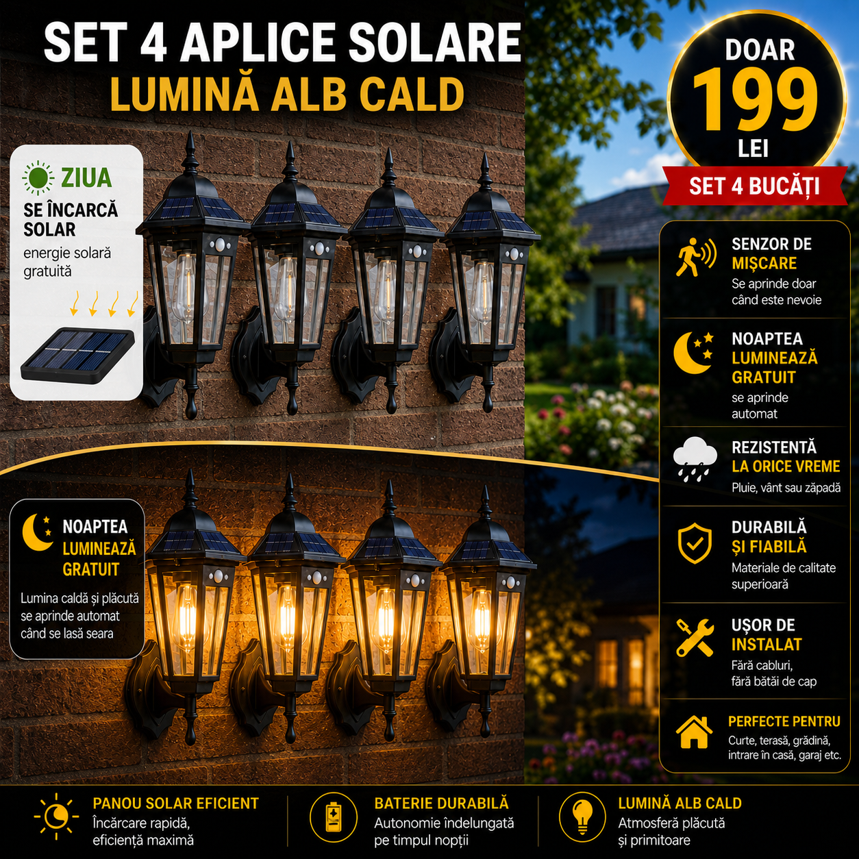 Set Aplice Solare de Perete Vintage cu Senzor de Mișcare, 3 Moduri, Lumină Alb Cald