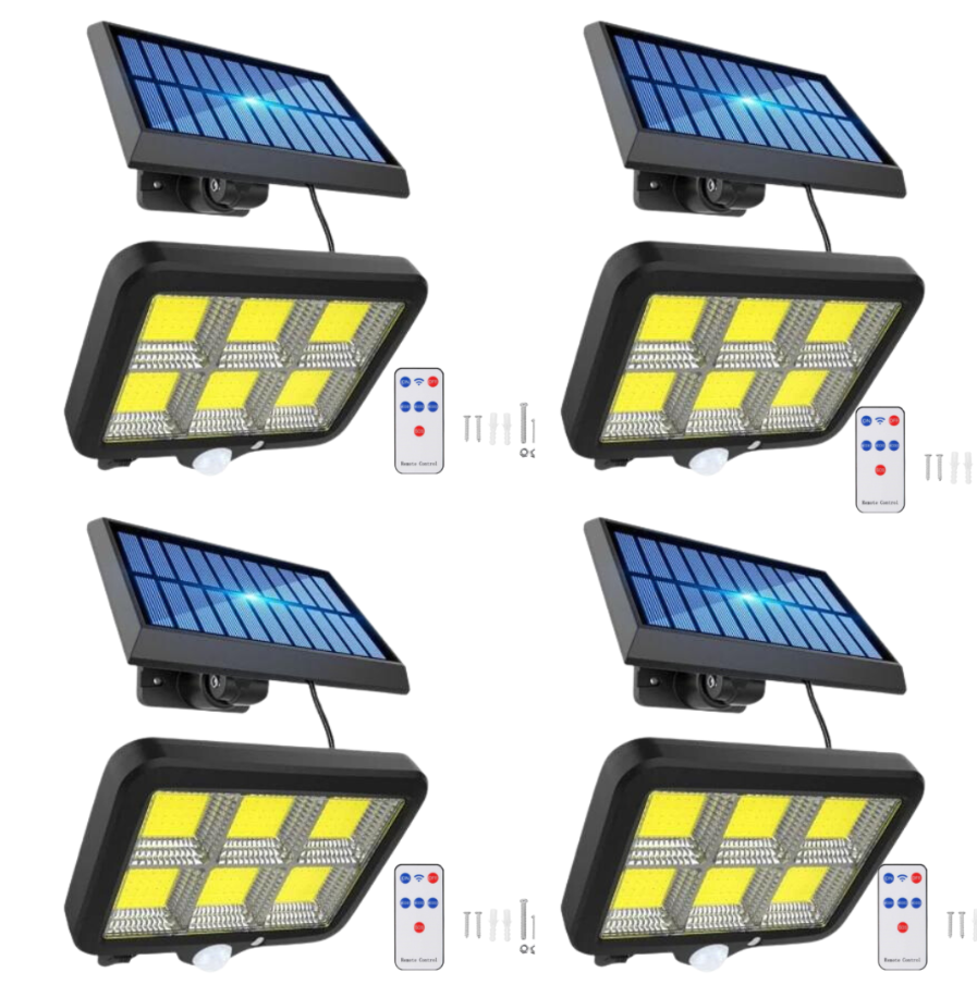 Set 4 x Proiectoare Solare cu Panou Separat Si Senzor de Miscare 100 COB + Telecomanda +cadou o lampa solara