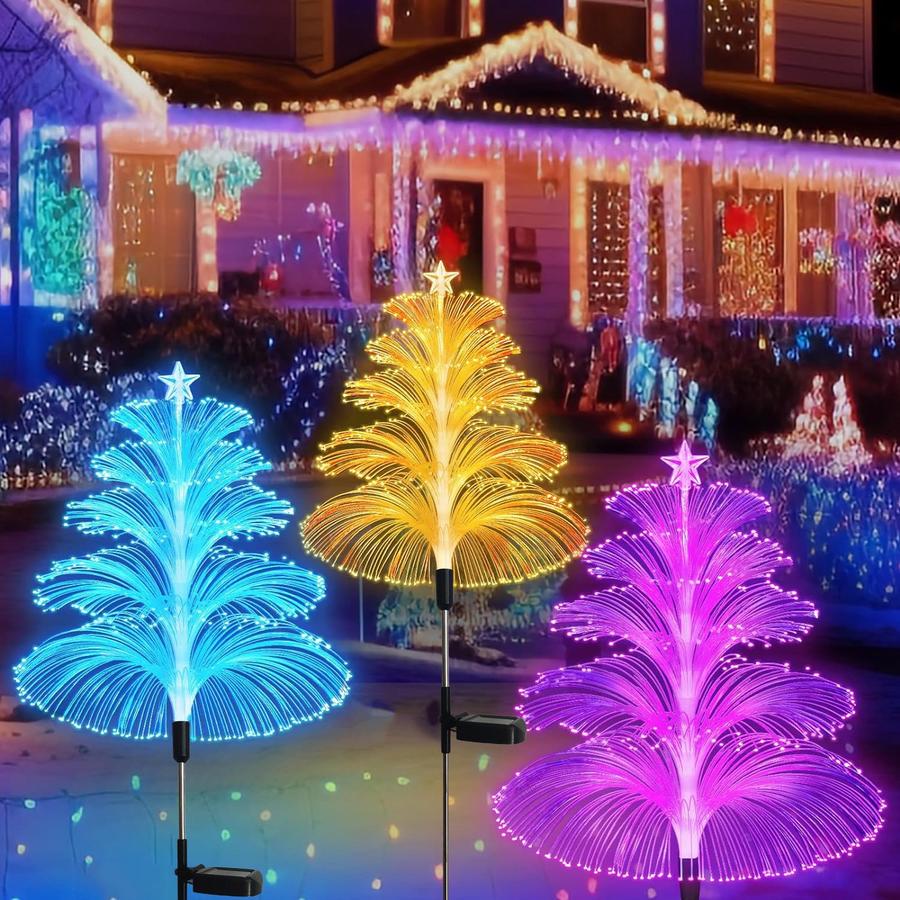 Set 4 Lampi Solare Fountain cu Fibra Optica – Iluminare Multicolora pentru Decor de Craciun Exterior