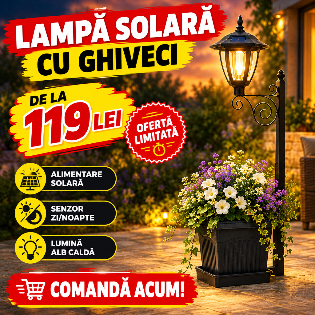 Lampă Solară Decorativă cu Ghiveci Integrat, Lumină Alb Caldă, 67,5 cm – pentru Grădină, Terasă și Alei