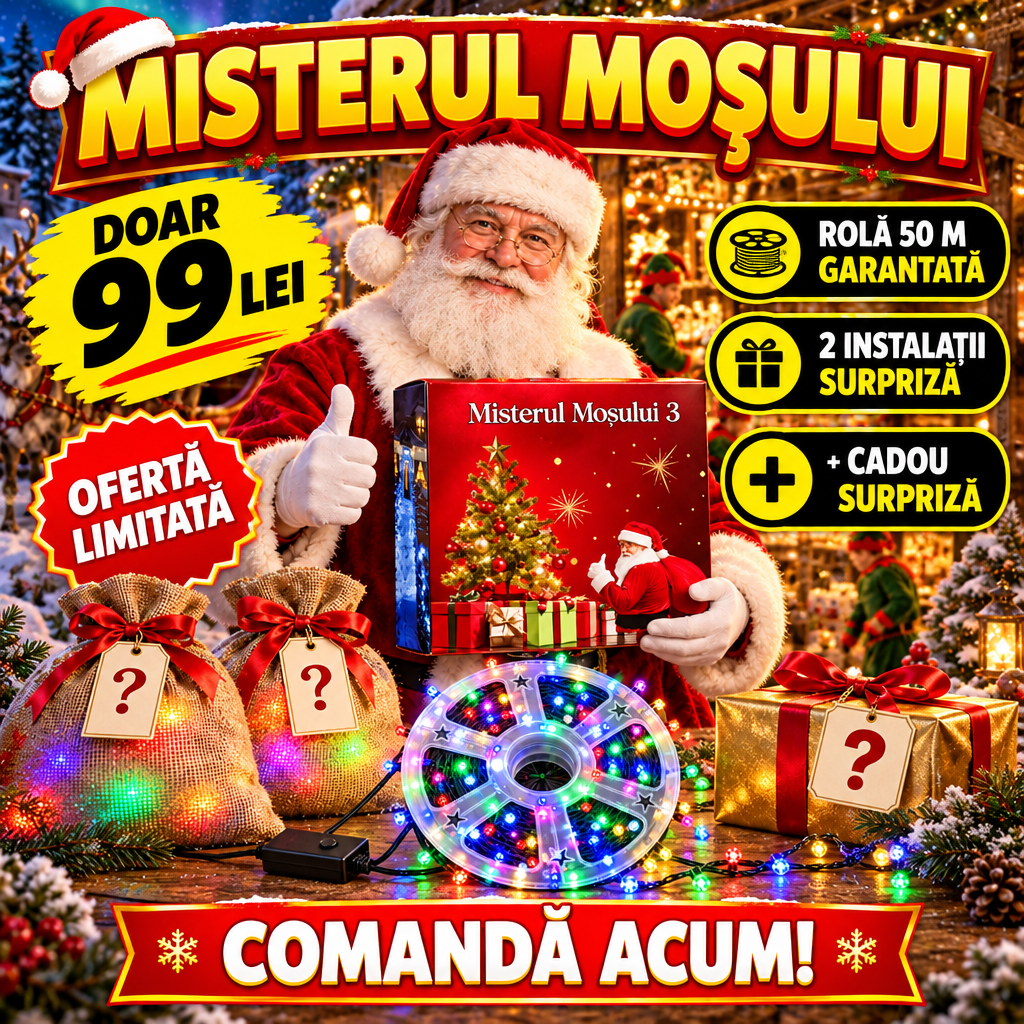 Pachet Misterul Moșului: Rolă 50 m garantată + 2 Instalații de Crăciun Surpriză + Cadou Surpriză