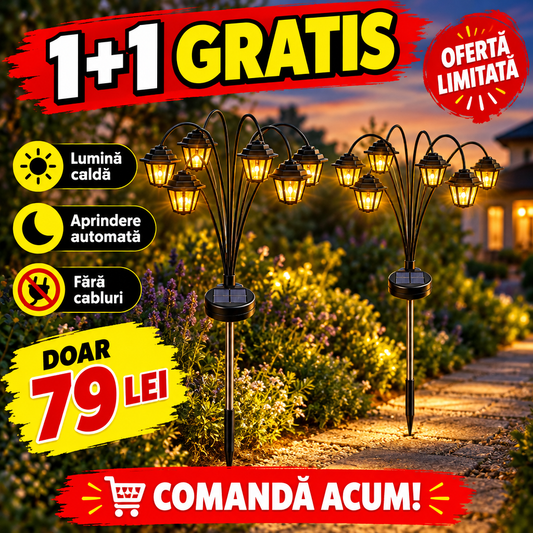 1+1 GRATIS: Lămpi solare de grădină cu 6 felinare LED, lumină caldă, aprindere automată – set 2, 4 sau 8 buc.