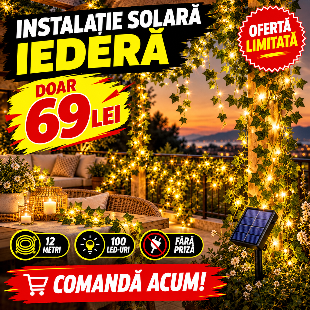 Instalație Solară LED tip Iederă, 12 m cu 100 LED-uri, Lumină Caldă – pentru Terasă, Balcon și Grădină