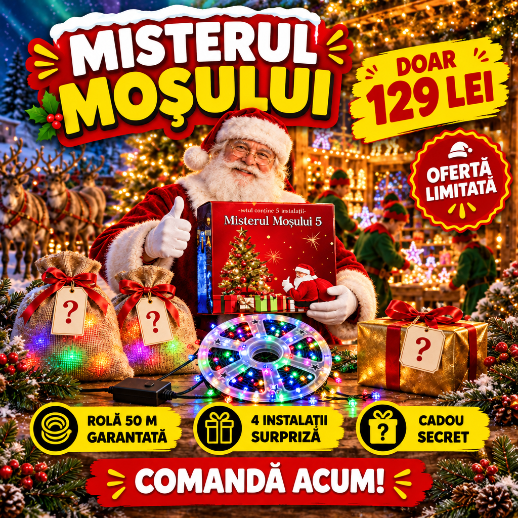 Pachet Misterul Moșului: 5 Instalații Luminoase de Crăciun + Cadou Surpriză, Rolă 50 m Garantată