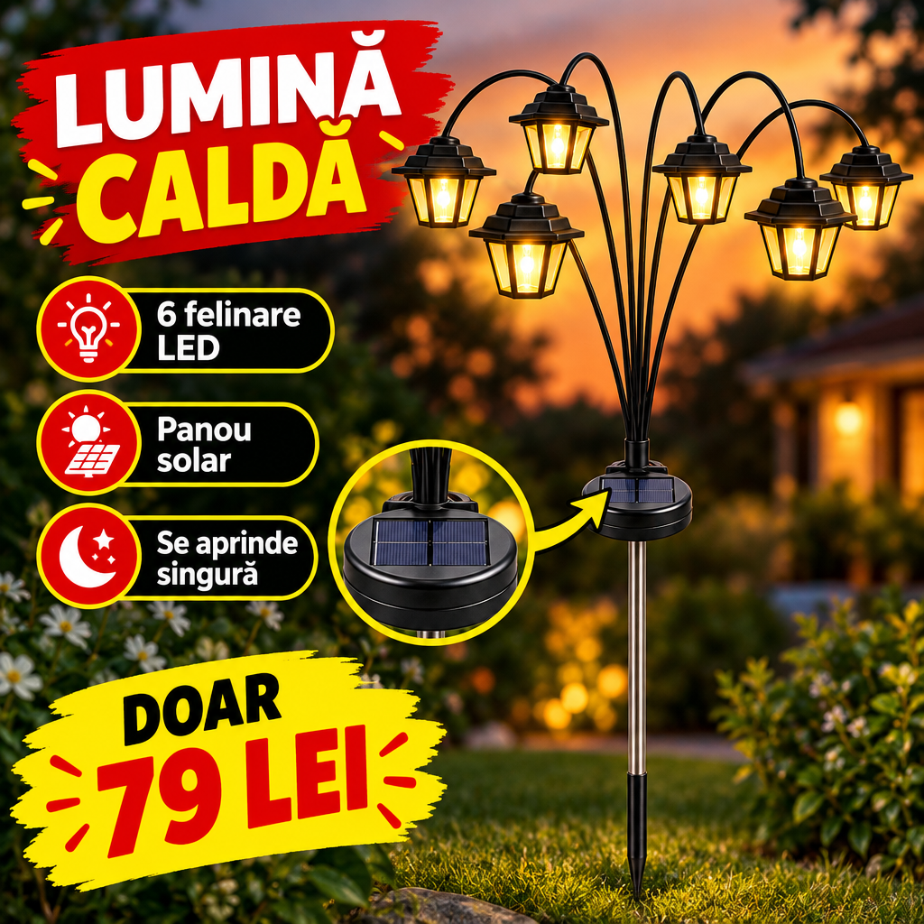 1+1 GRATIS: Lămpi solare de grădină cu 6 felinare LED, lumină caldă, aprindere automată – set 2, 4 sau 8 buc.