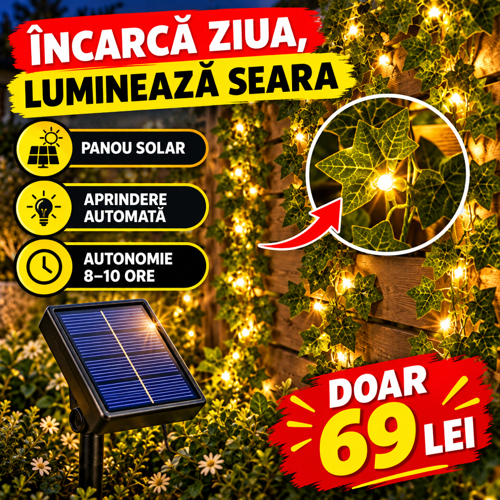 Instalație Solară LED tip Iederă, 12 m cu 100 LED-uri, Lumină Caldă – pentru Terasă, Balcon și Grădină