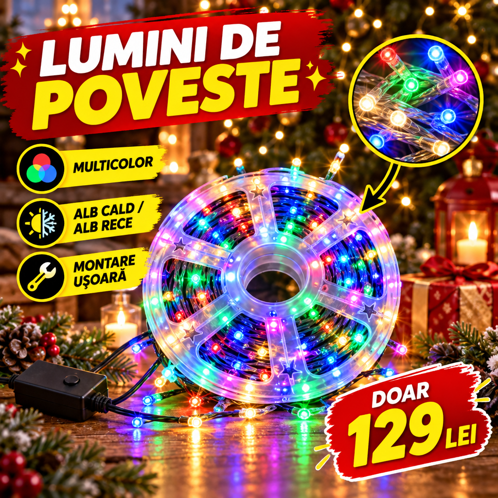 Pachet Misterul Moșului: 5 Instalații Luminoase de Crăciun + Cadou Surpriză, Rolă 50 m Garantată