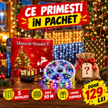 Pachet Misterul Moșului: 5 Instalații Luminoase de Crăciun + Cadou Surpriză, Rolă 50 m Garantată