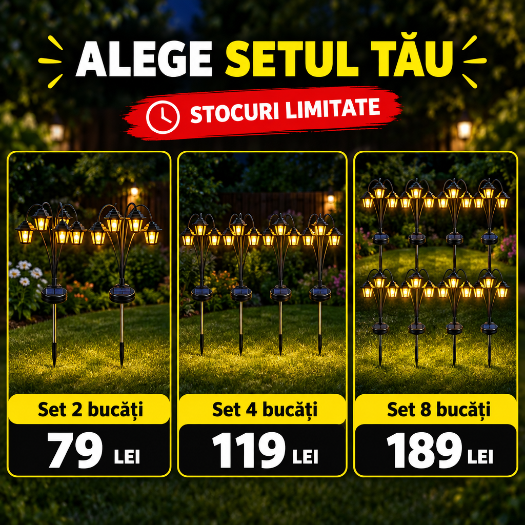 1+1 GRATIS: Lămpi solare de grădină cu 6 felinare LED, lumină caldă, aprindere automată – set 2, 4 sau 8 buc.