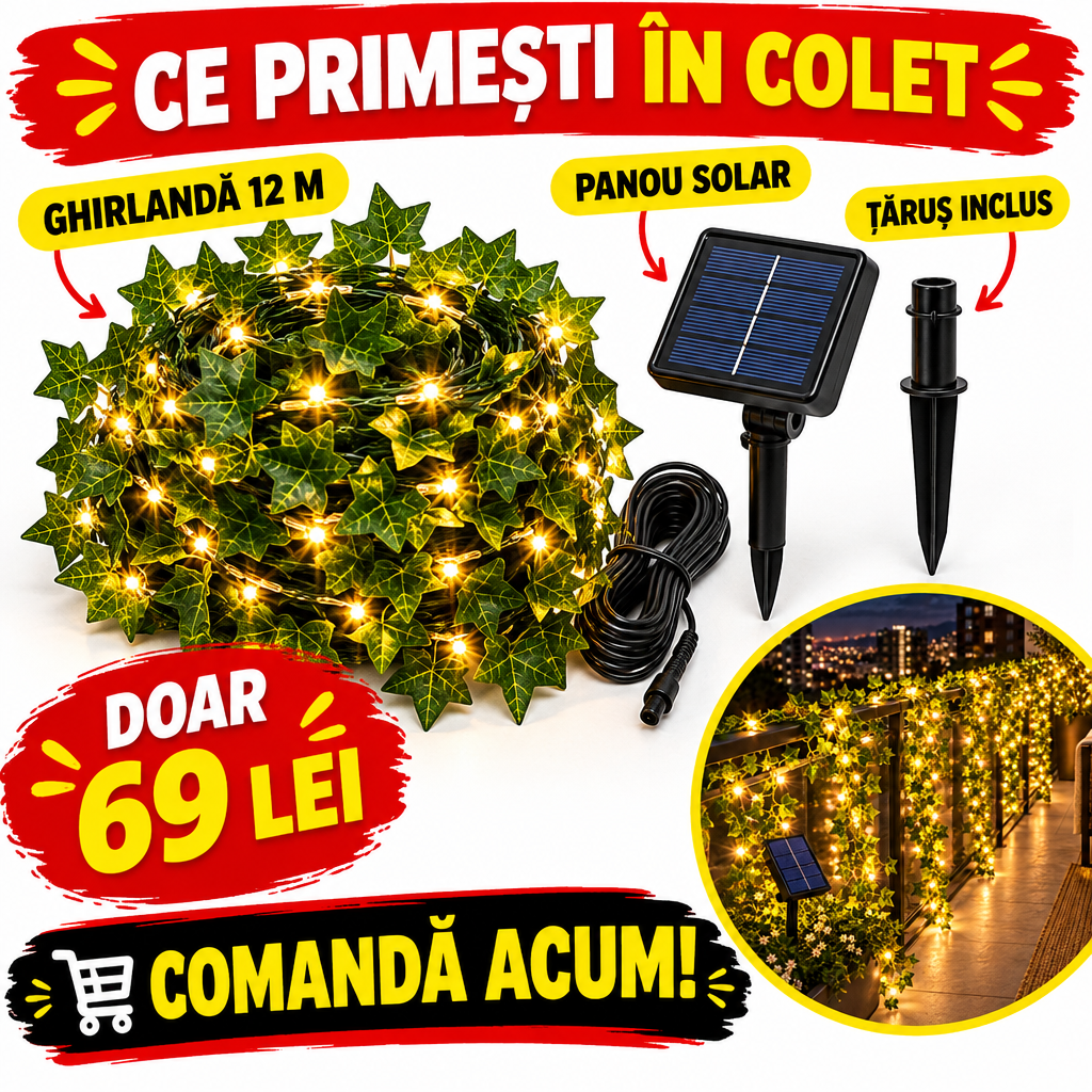 Instalație Solară LED tip Iederă, 12 m cu 100 LED-uri, Lumină Caldă – pentru Terasă, Balcon și Grădină