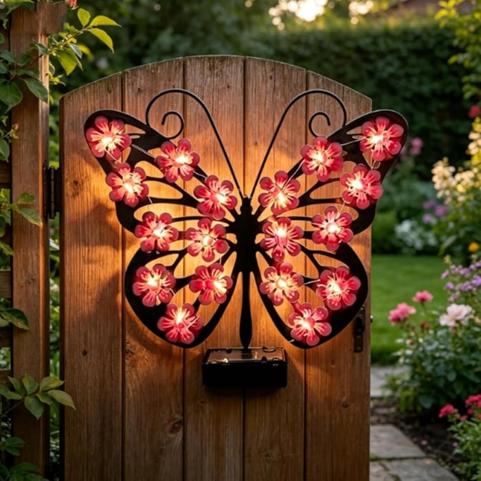 Set 2 / 4 Fluturi Solari Decorativi de Pus pe Perete sau Gard, cu Lumini LED, Culori Roz si Galben