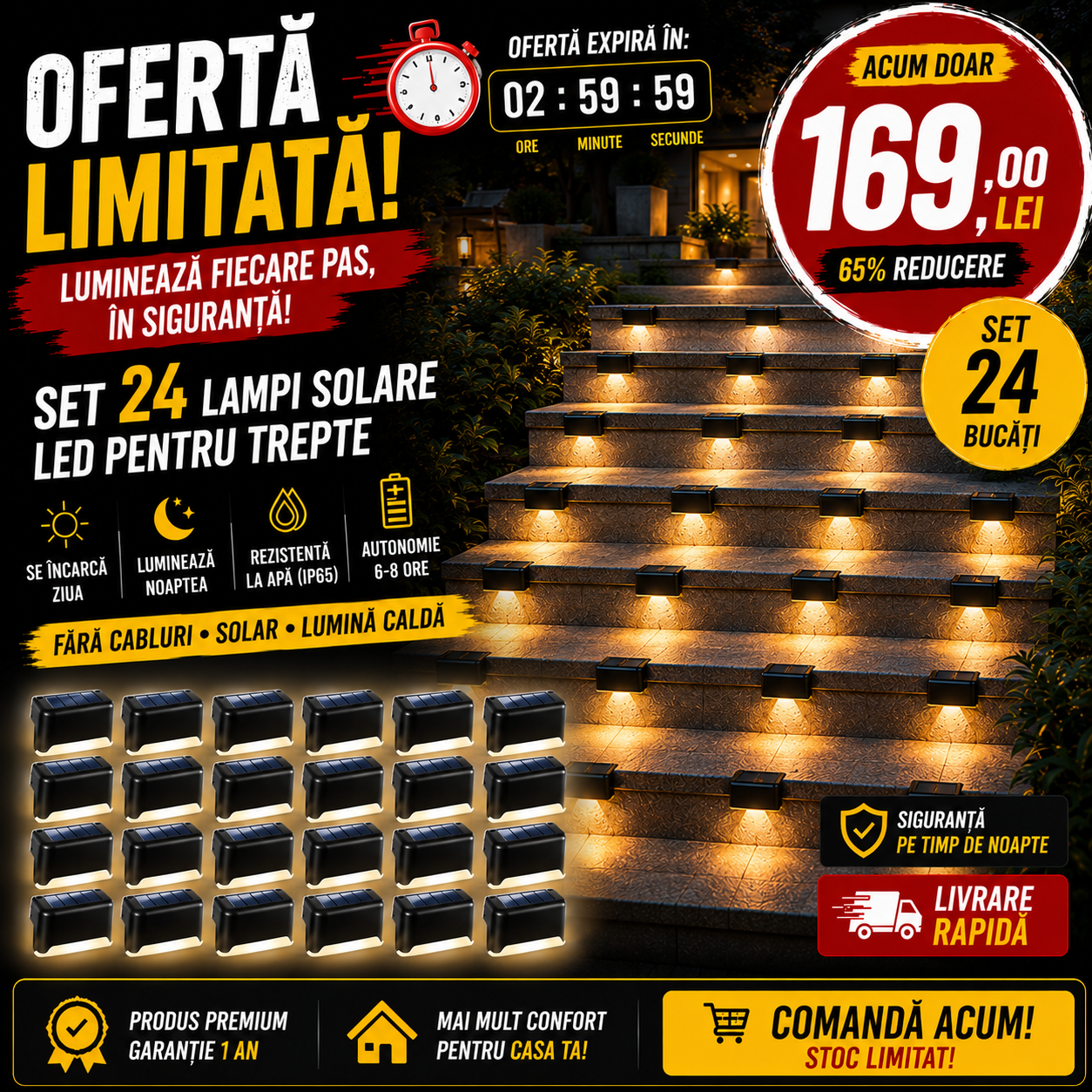 Pachet 4 ,8,16,24 buc lampi solare pentru trepte , balustrada ,glaf , lumina calda/rece