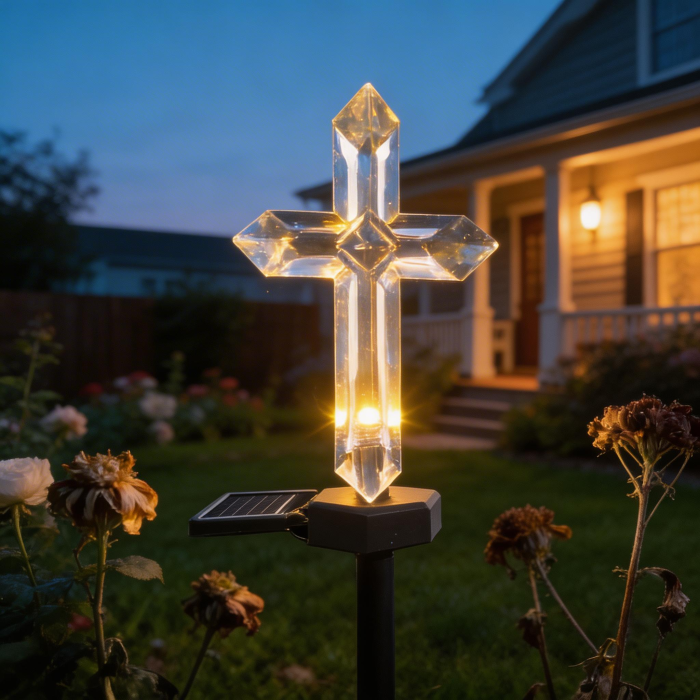 Set 4 Cruci Solare Decorative LED Alb Cald pentru Gradina si Cimitir – Iluminare Automata