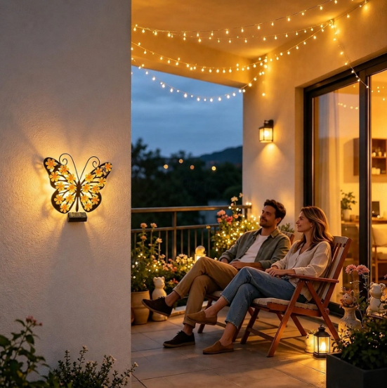 Set 2 / 4 Fluturi Solari Decorativi de Pus pe Perete sau Gard, cu Lumini LED, Culori Roz si Galben