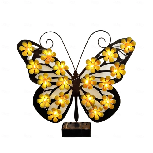 Set 2 / 4 Fluturi Solari Decorativi de Pus pe Perete sau Gard, cu Lumini LED, Culori Roz si Galben