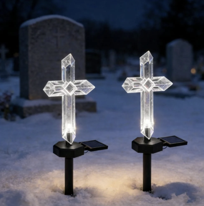 Set 4 Cruci Solare Decorative LED Alb Cald pentru Gradina si Cimitir – Iluminare Automata