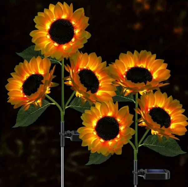 Set 2x Lămpi Solare LED pentru Grădină cu 6 Flori tip Floarea Soarelui, 10 Micro-LED-uri pe Floare, Înălțime 70 cm, Rezistente la Intemperii, IP65