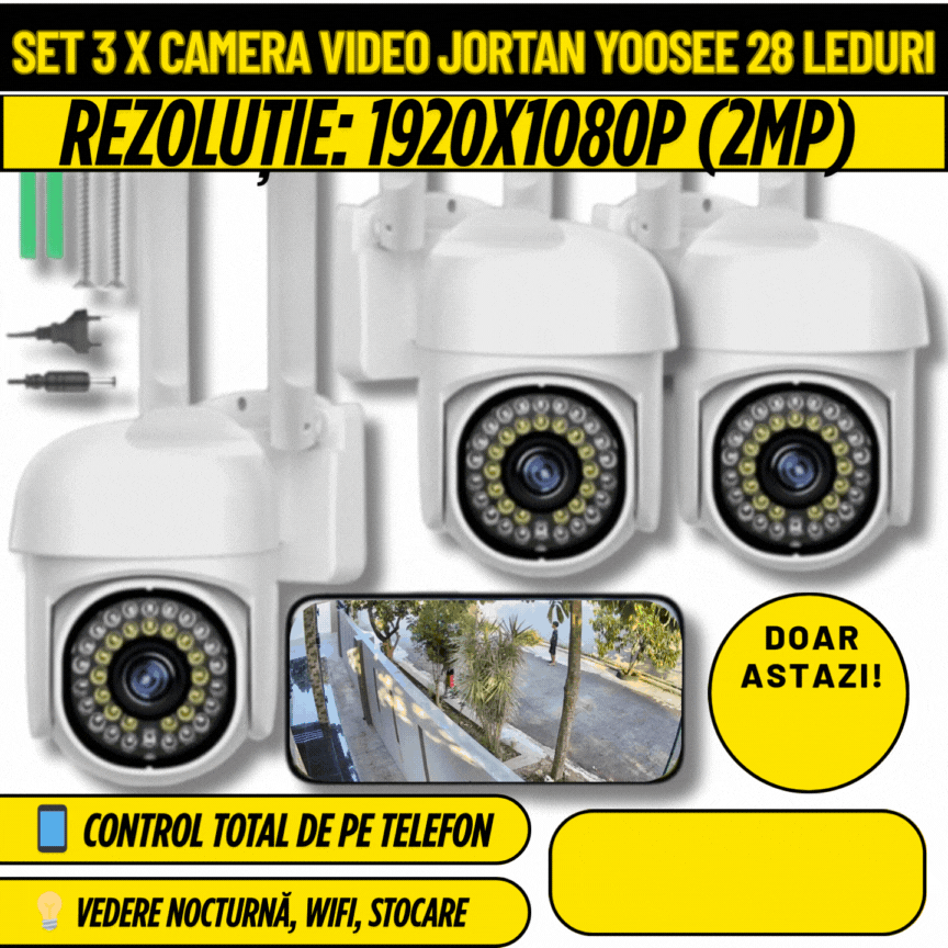 Pachet 3 x Cameră de Supraveghere Jortan WiFi HD cu Viziune Infraroșu și Protecție Avansată IP66