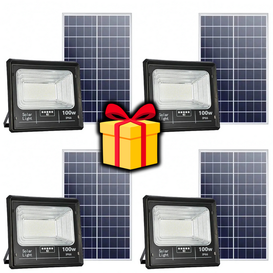 Black Friday - Pachet 4 x Proiector Solar Jortan 100W , IP66 , Indicator Baterie , Telecomanda , 6500k + cadou surpriza