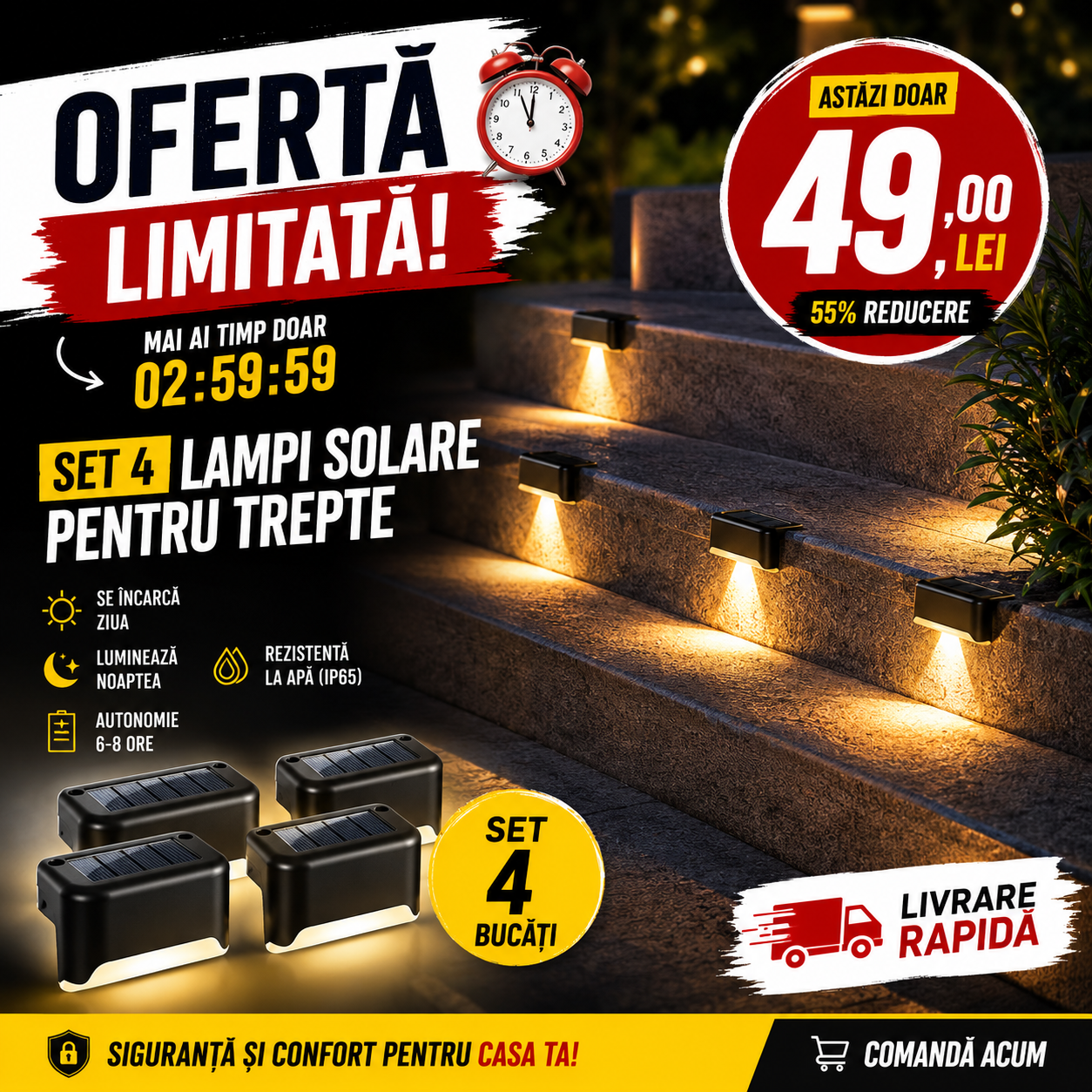 Pachet 4 ,8,16,24 buc lampi solare pentru trepte , balustrada ,glaf , lumina calda/rece