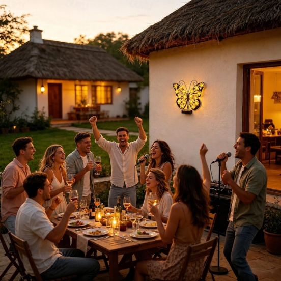 Set 2 / 4 Fluturi Solari Decorativi de Pus pe Perete sau Gard, cu Lumini LED, Culori Roz si Galben