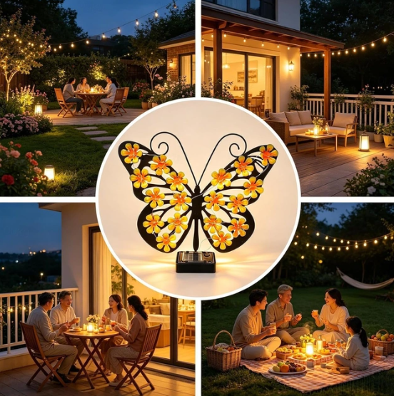 Set 2 / 4 Fluturi Solari Decorativi de Pus pe Perete sau Gard, cu Lumini LED, Culori Roz si Galben