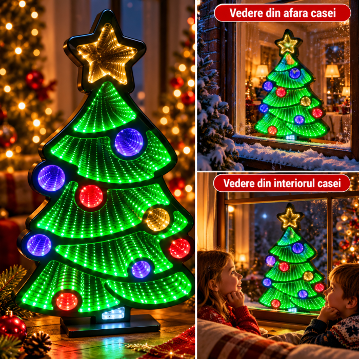 Oglinda Infinitului – Decorațiune LED de Crăciun cu Tunel de Lumină pe Ambele Fețe, 4 Modele, cu Suport de Masă