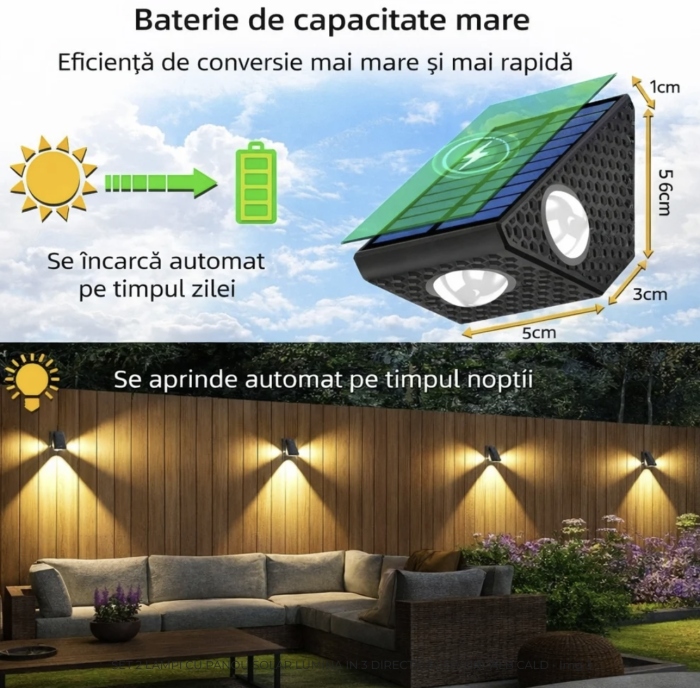 Set 2 Lampi Solare Decorative de Perete , Lumina in 3 Directii , Mullticolor , Alb rece , Alb Cald