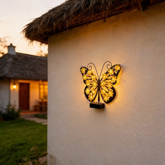 Set 2 / 4 Fluturi Solari Decorativi de Pus pe Perete sau Gard, cu Lumini LED, Culori Roz si Galben