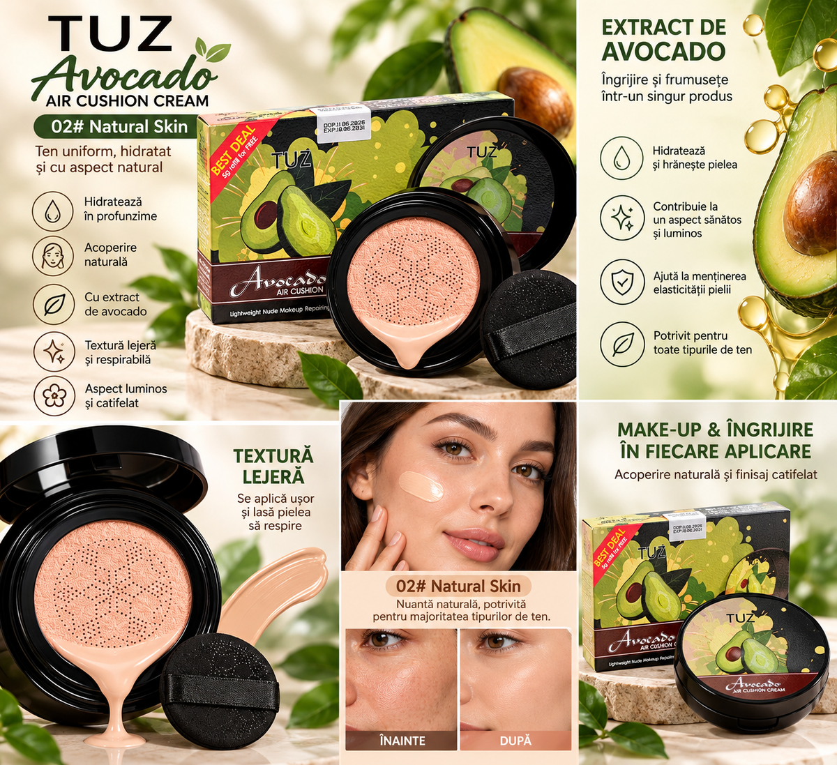 Fond de Ten CC Cream Air Cushion, Nuanța 02 Natural Skin – 1+1 Cadou, Aplicator Burete
