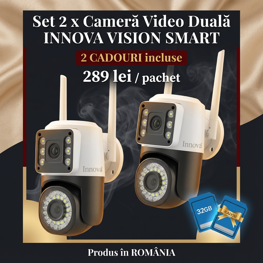 Set 2 x Cameră Video Duală INNOVA VISION SMART 6MP , 42 Led, Vedere 360°, Wifi +2 card 32gb Cadou