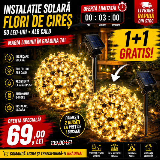 1+1 GRATIS: Instalație Solară pentru Grădină - Flori de Cireș cu 50 LED-uri, Alb Cald