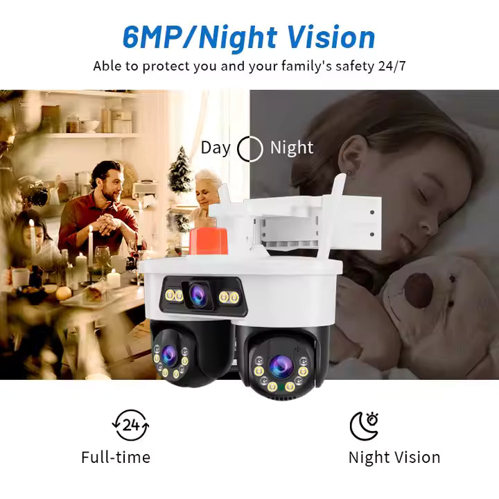 Cameră Supraveghere WiFi Jortan 9MP, 3 Lentile, Dual Head, PTZ 355°, Night Vision Color, IP66, Audio Bidirecțional, Yoosee App