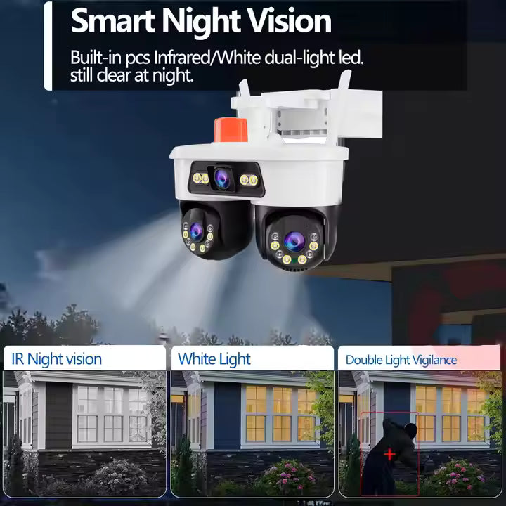 Cameră Supraveghere WiFi Jortan 9MP, 3 Lentile, Dual Head, PTZ 355°, Night Vision Color, IP66, Audio Bidirecțional, Yoosee App