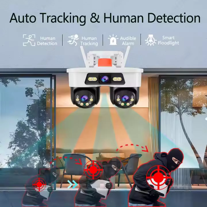 Cameră Supraveghere WiFi Jortan 9MP, 3 Lentile, Dual Head, PTZ 355°, Night Vision Color, IP66, Audio Bidirecțional, Yoosee App