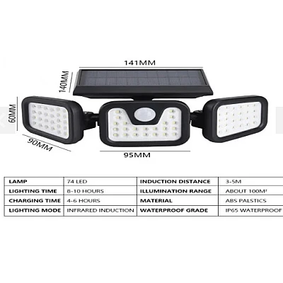 1+1 GRATIS! Lampa Solara Tripla cu Panou Solar Incorporat 74 LED SMD Reglabila 360 grade FL 1725A