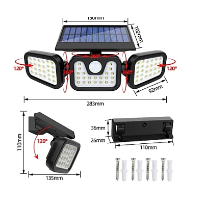 1+1 GRATIS! Lampa Solara Tripla cu Panou Solar Incorporat 74 LED SMD Reglabila 360 grade FL 1725A