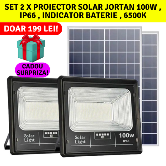 Black Friday - Set 2 x Proiector Solar Jortan 100W , IP66 , Indicator Baterie , 6500k + Cadou Surpriza