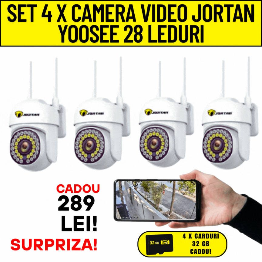 Set 4 x Camera video Jortan Yoosee 28 Leduri, 4 carduri 32GB Incluse+ Cadou Surpriza