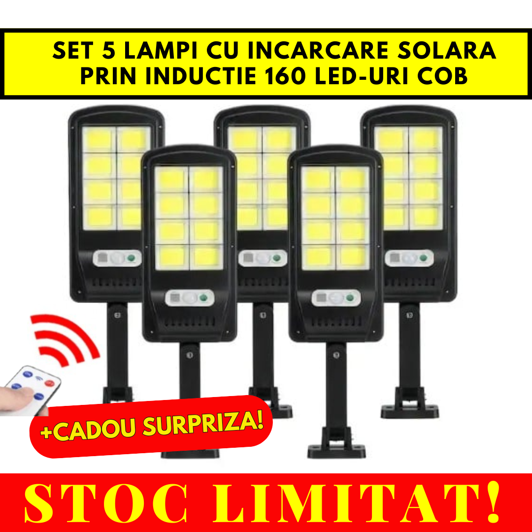 Black Friday - Set 5 Lampi cu Incarcare Solara prin Inductie 160 LED-uri COB, telecomanda + cadou surpriza