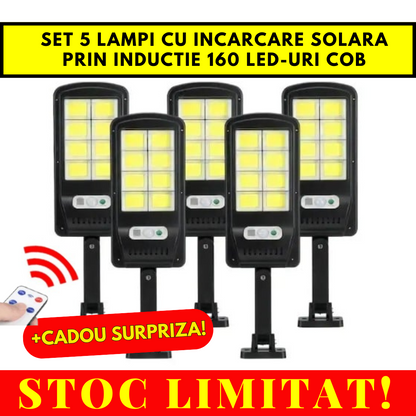 Black Friday - Set 5 Lampi cu Incarcare Solara prin Inductie 160 LED-uri COB, telecomanda + cadou surpriza