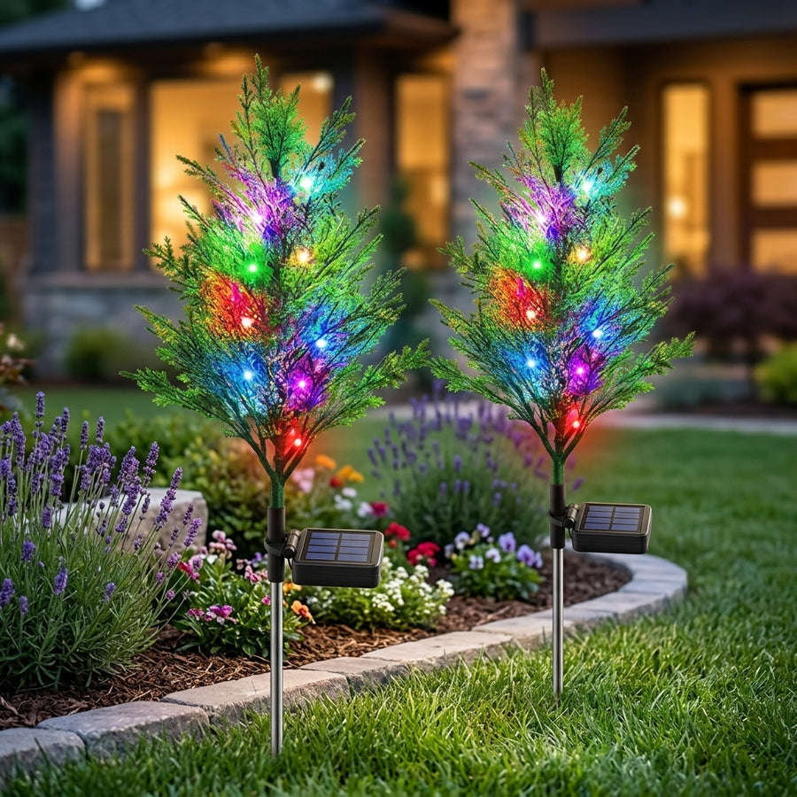 Set 2 x Copaci Tuia Solari Decorativi cu 10 LED-uri Multicolore, 70 Ramuri, Înălțime 80 cm, Iluminare Automată cu Energie Solară