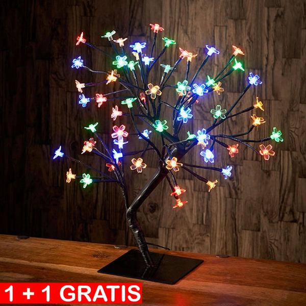Pachet Promo 1+1 CADOU Bonsai decorativ cu flori de cires, 28 LED Multicolor