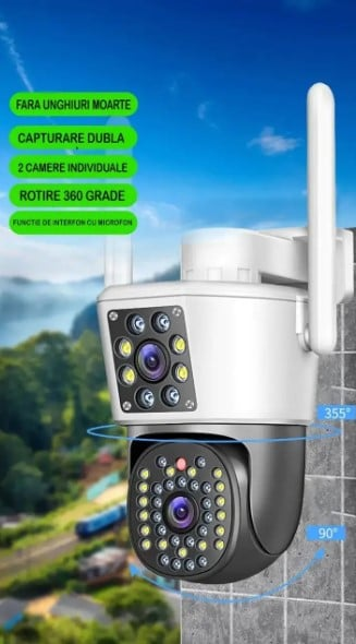 Camera de Supraveghere Duală Jortan 8293, 6MP, WiFi sau Cablu, Ip66 , 44Led + cadou card 32gb