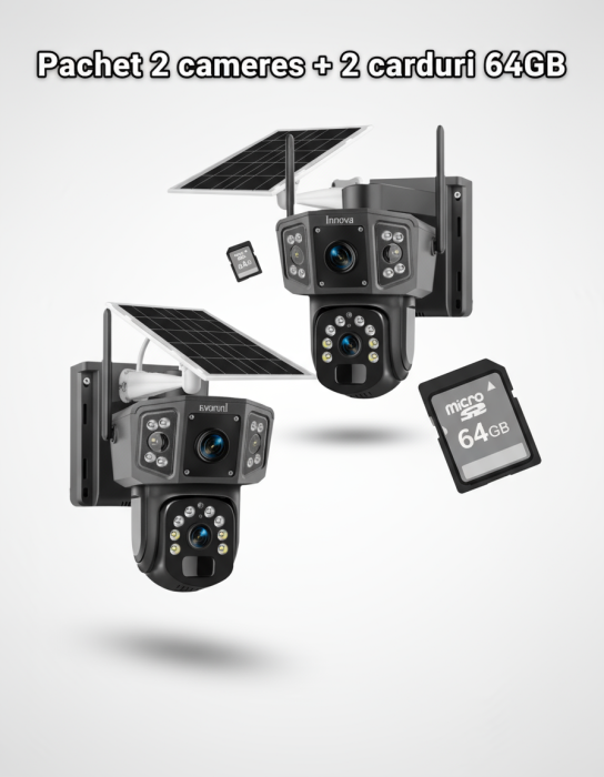 Black Friday - Set 2 x Camera Supraveghere Solara Dubla INNOVA WIFI , 6MP , Full HD, PTZ 360°, baterie 12000mAh, 2 carduri 64gb cadou , 3 ani garantie
