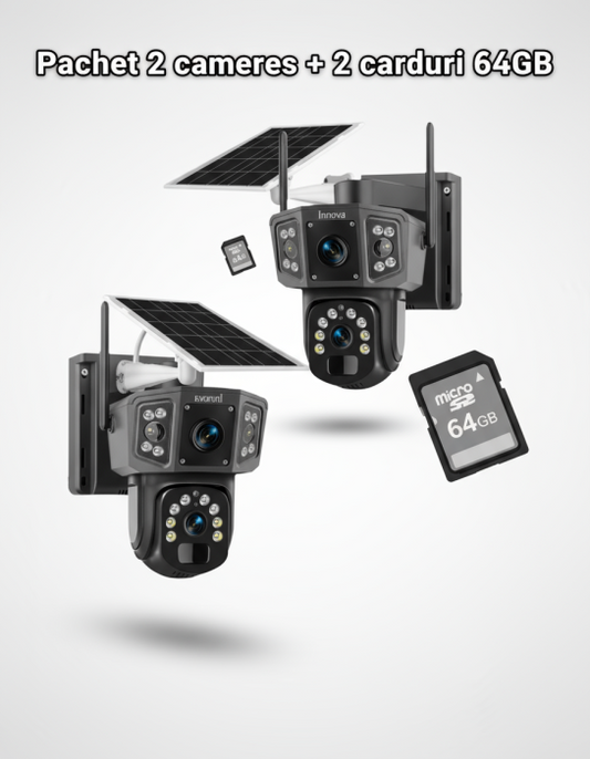 Black Friday - Set 2 x Camera Supraveghere Solara Dubla INNOVA WIFI , 6MP , Full HD, PTZ 360°, baterie 12000mAh, 2 carduri 64gb cadou , 3 ani garantie