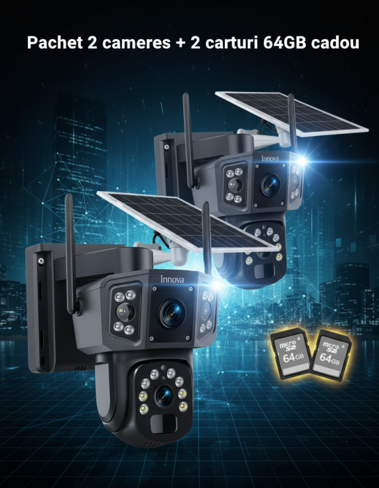 Black Friday - Camera Supraveghere Solara Dubla INNOVA WIFI , 6MP , Full HD, PTZ 360°, baterie 12000mAh, + 1 card 64gb Cadou , 3 ani garantie