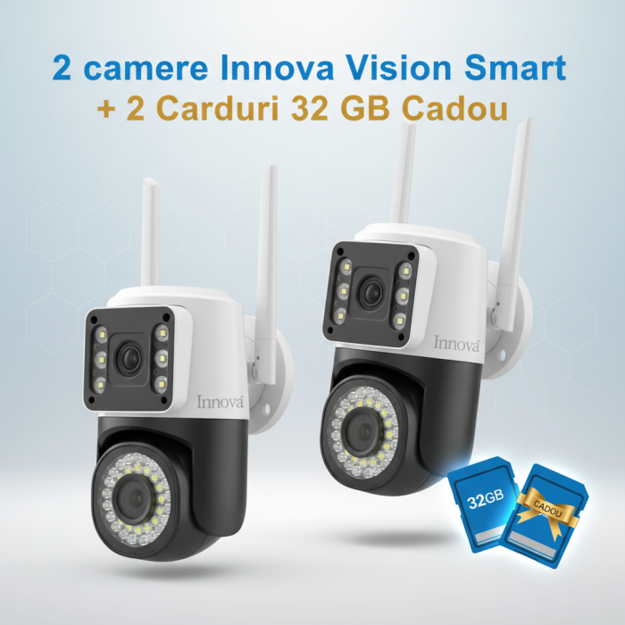 Black Friday - Set 2 x Cameră Video Duală INNOVA VISION SMART 6MP , 42 Led, Vedere 360°, Wifi +2 card 32gb Cadou