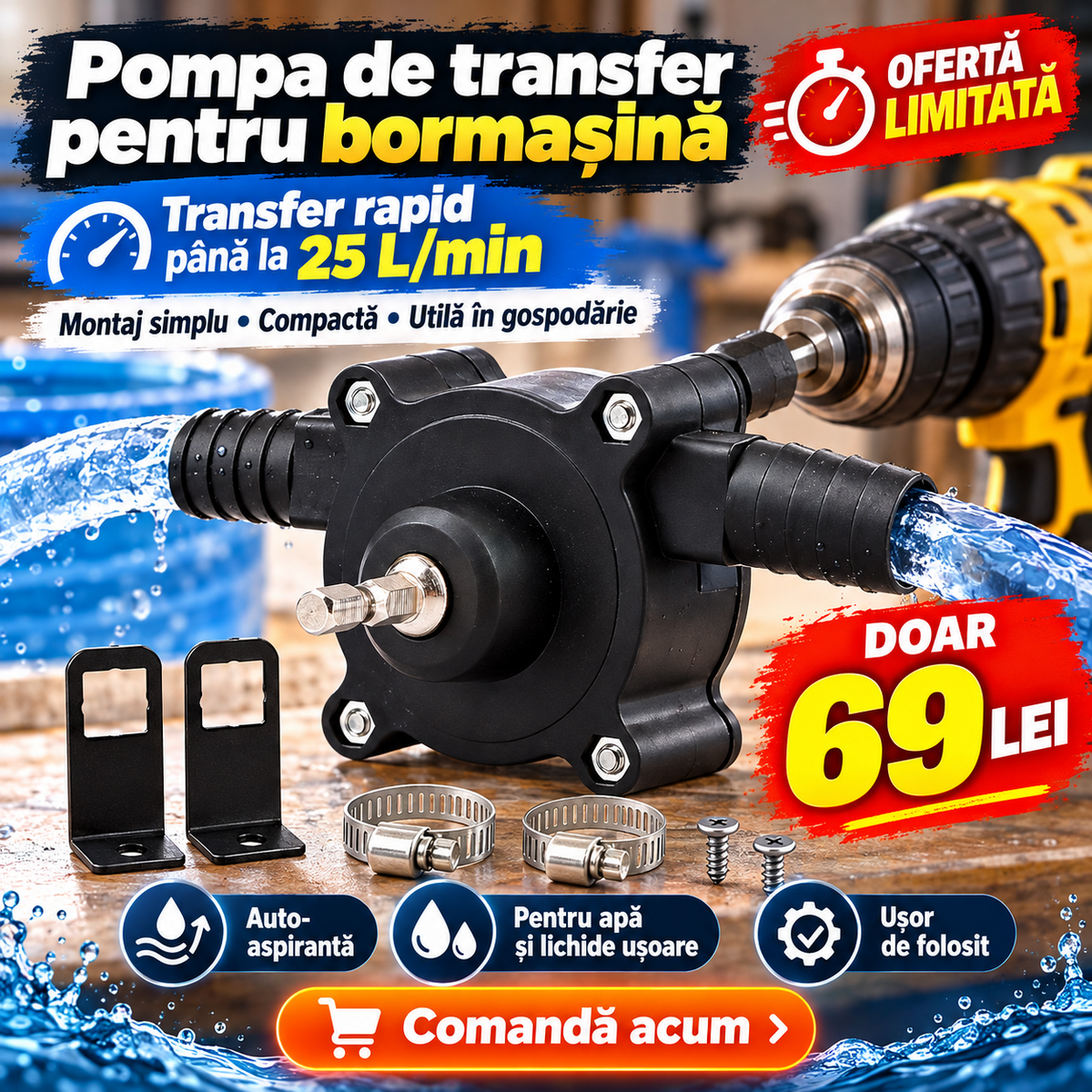Pompă de Transfer Autoaspirantă pentru Bormașină – 25 L/min